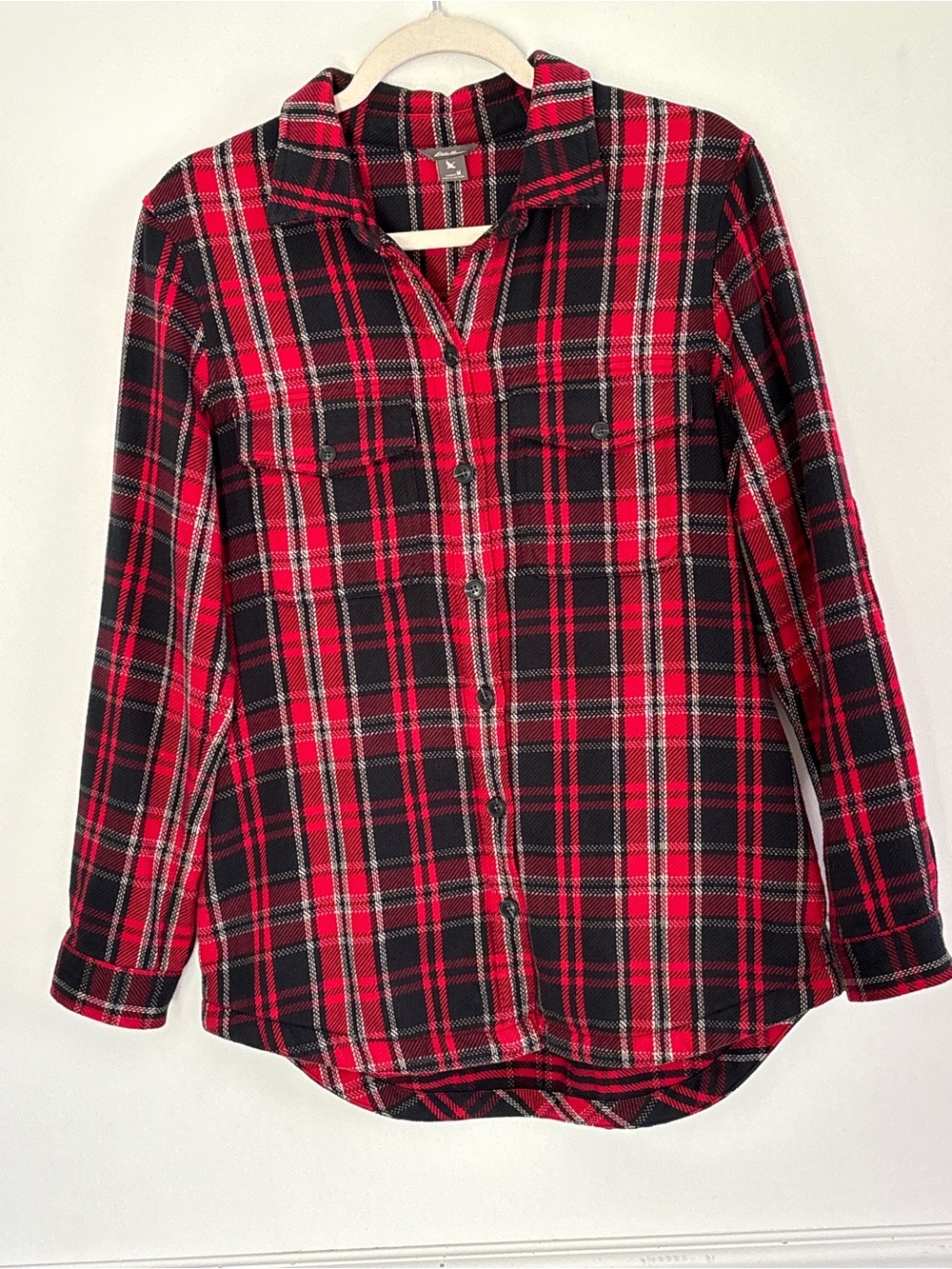 Eddie Bauer Women Black Red Plaid Shirt Shacket Size Medium Western Pockets *B45